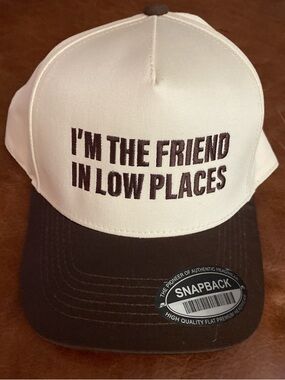 White and Brown Snapback Hat with 'I'M THE FRIEND IN LOW PLACES' Embroidery